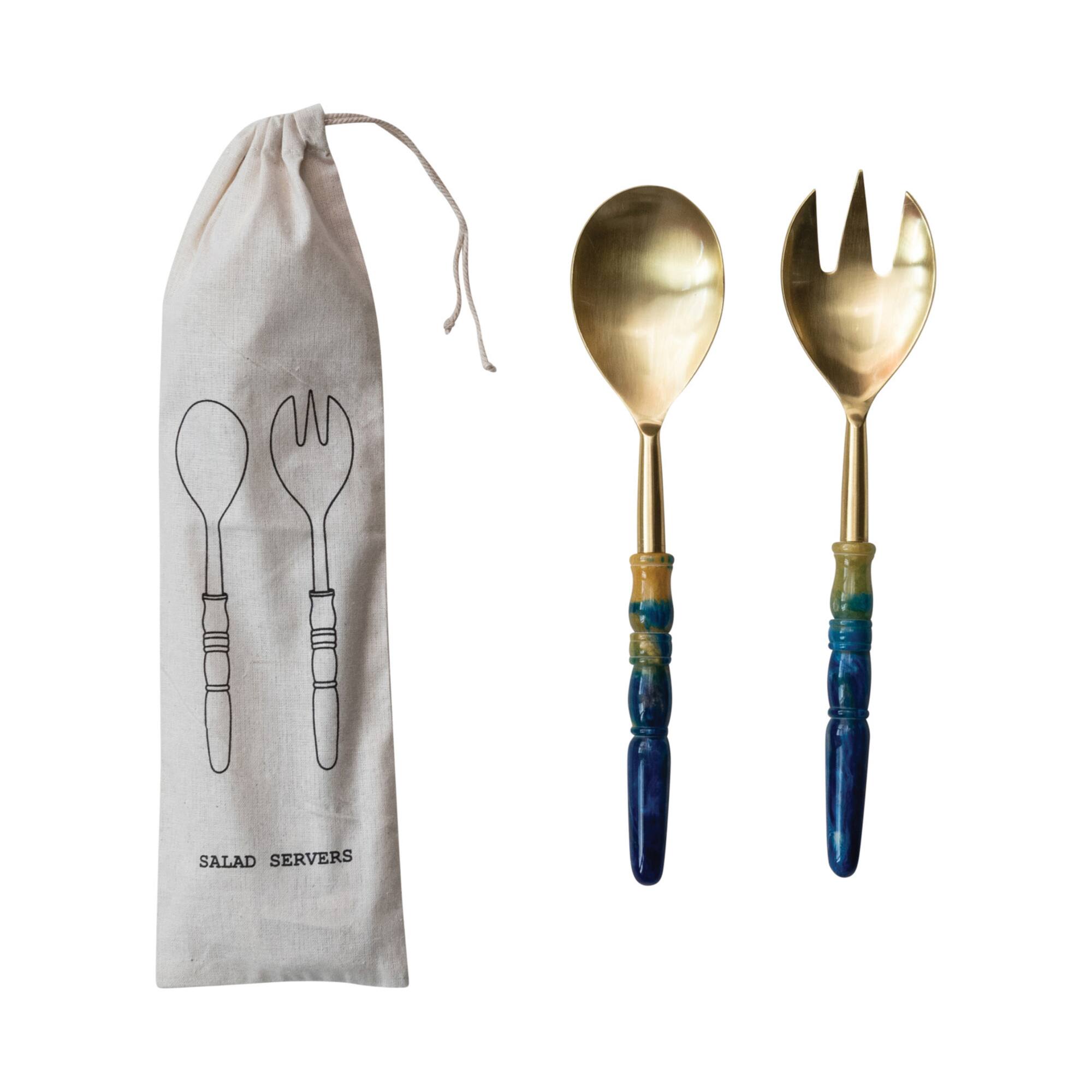 Hello Honey 2-Piece Stainless Steel Salad Servers with Marbled Resin Handles, Gold Finish and Blue